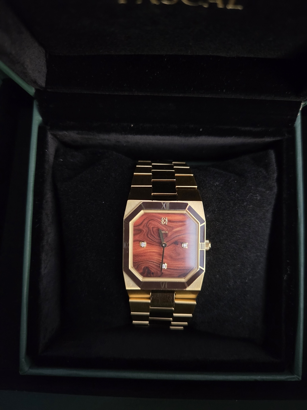 Pascal Luxury Gold-Tone Women’s Bracelet Watch with Wood-Grain Dial